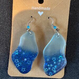 New Handmade Geode Slice Glitter Stars Blue Resin Statement Earrings